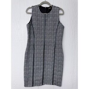 J.McLaughlin Houndstooth Sheath Dress Women Large Black White Vegan Leather Trim